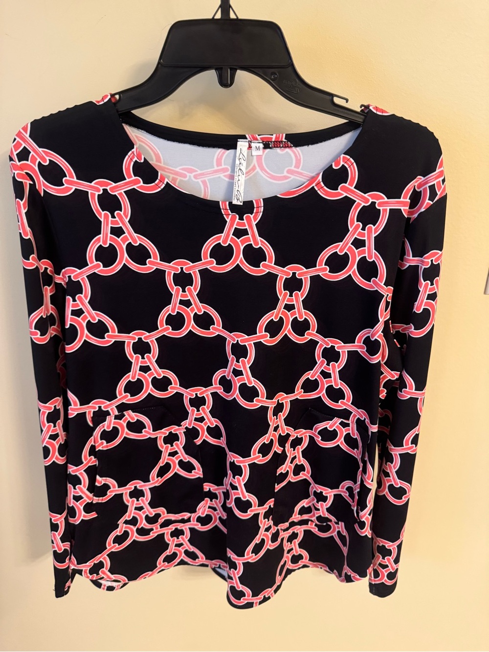 Lulu B Black Long-Sleeve UPF Top with Pink Chain Print